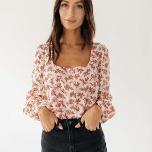 White & Red Floral Square Neck Blouse
